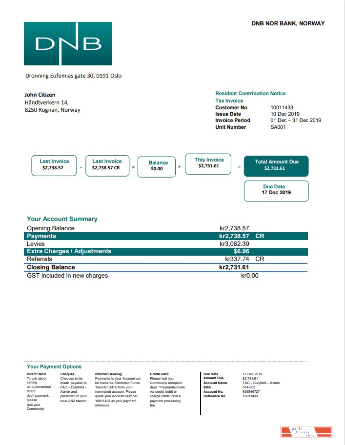 Norway DNB utility bill template in Word and PDF format